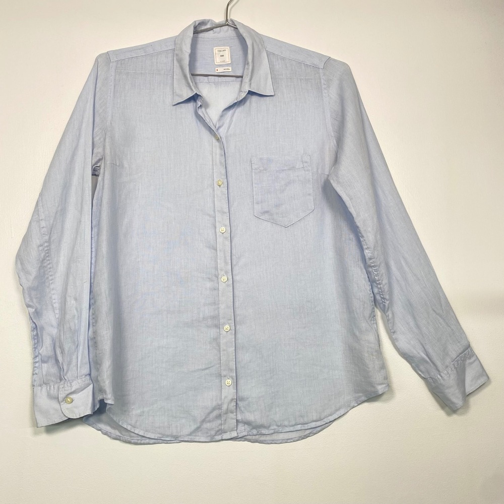 Gap Women Button Down‎ Shirt Medium Blue 100% Linen Long Sleeve Pocket 226770